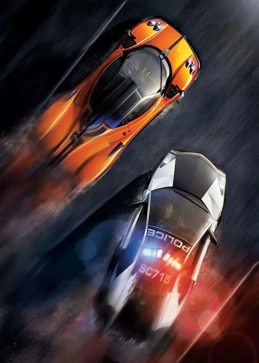 Orange sports car chasing a police car with flashing lights on a dark road.