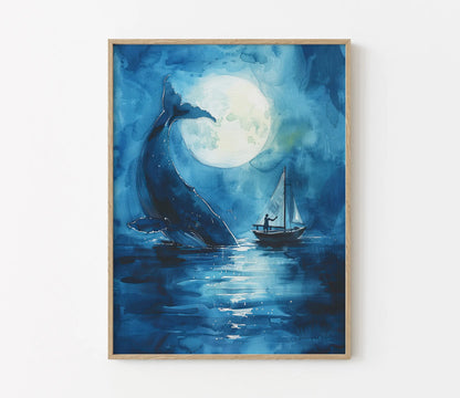 Framed artwork of a whale and a sailboat under a moonlit sky.