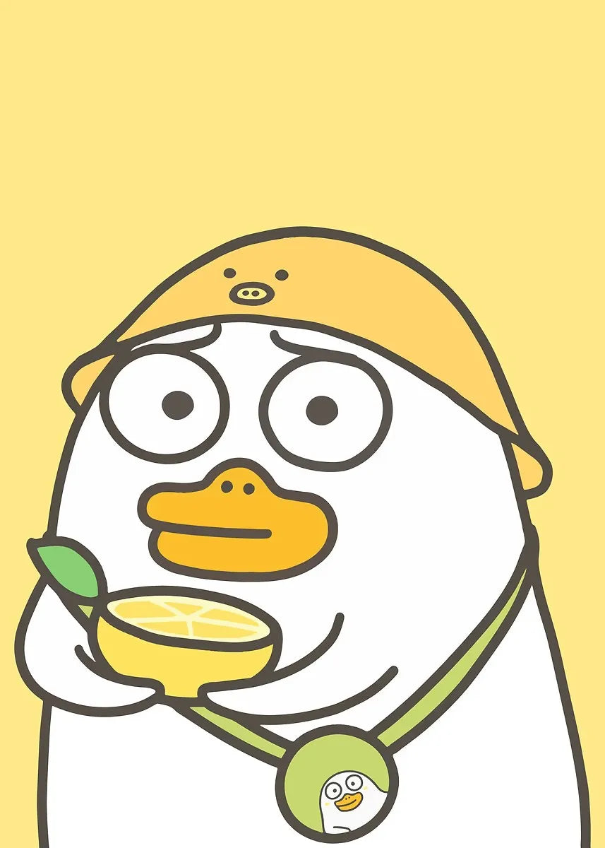 Cartoon character with a yellow hat and white body holding a bowl on a yellow background