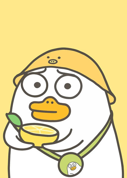 Cartoon character with a yellow hat and white body holding a bowl on a yellow background