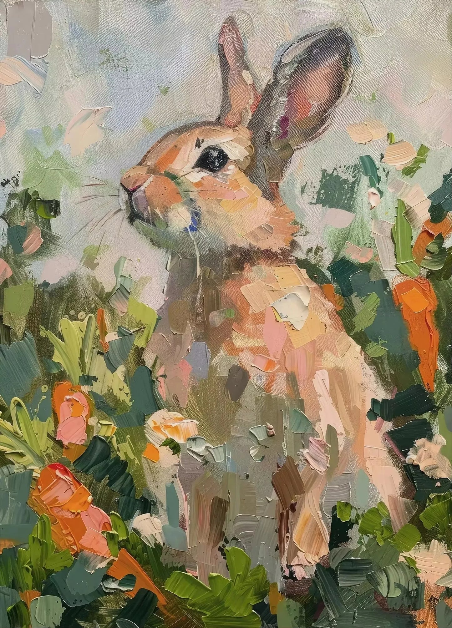 Painting of a rabbit among flowers and foliage