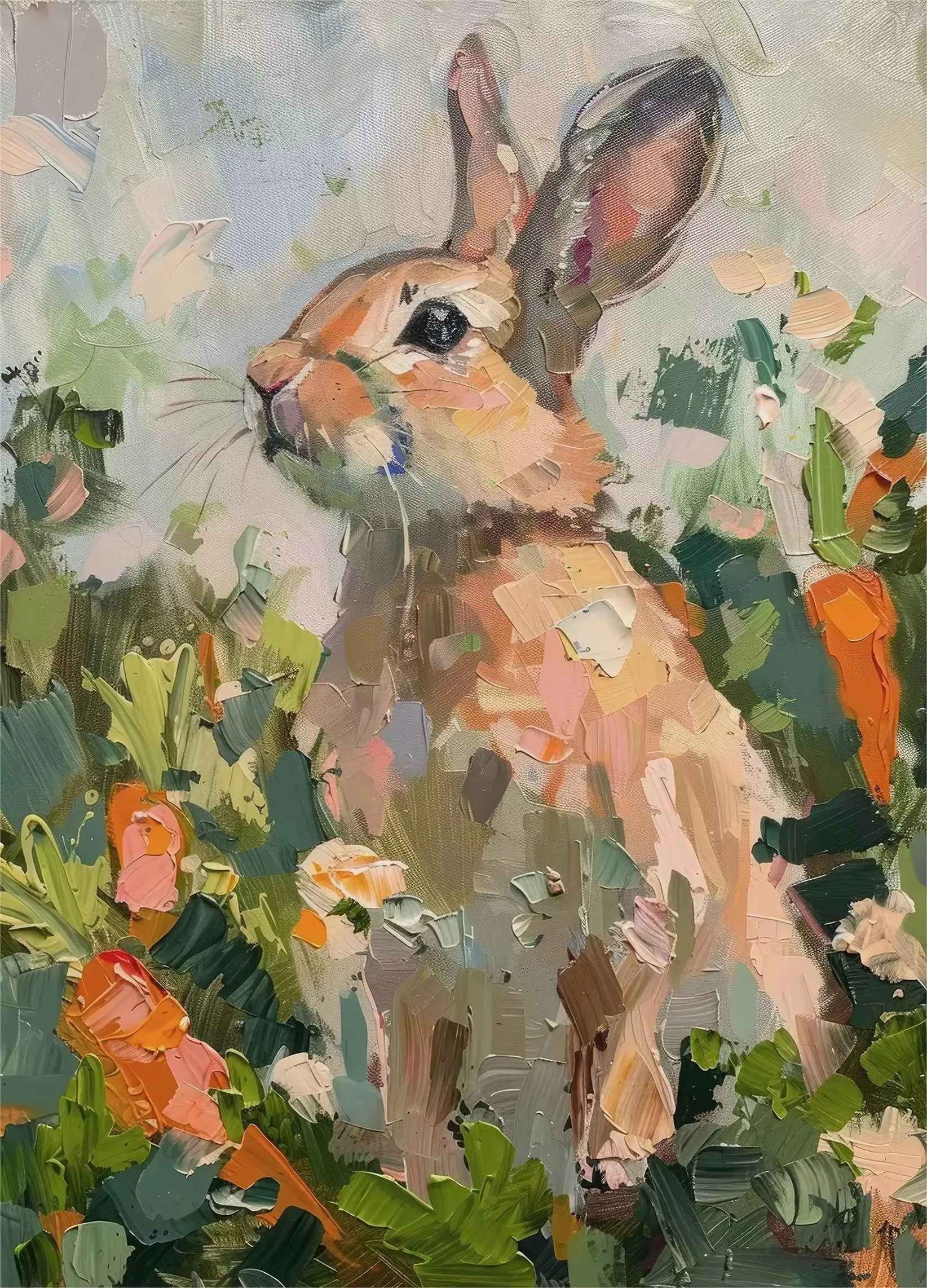 Painting of a rabbit among flowers and foliage
