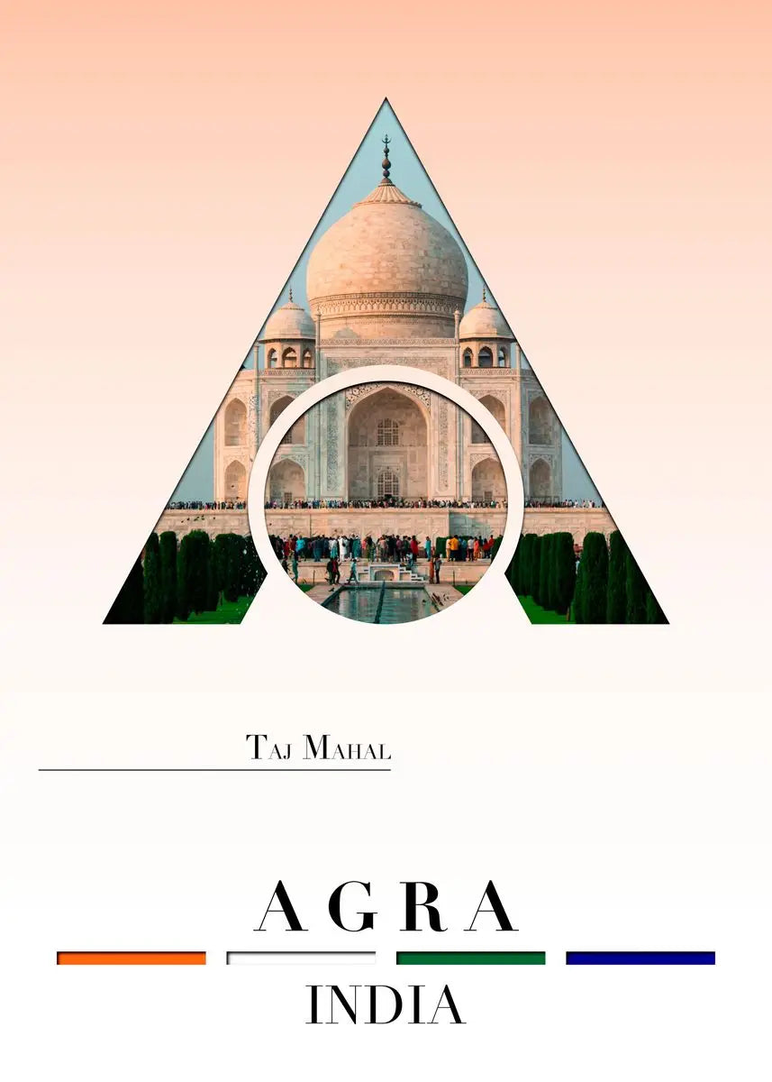 Triangular design with Taj Mahal in the center, set against a pink background with 'Agra, India' text at the bottom.