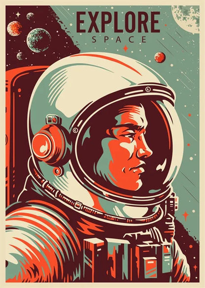 Illustration of an astronaut in a space suit with 'EXPLORE SPACE' text and space-themed background.