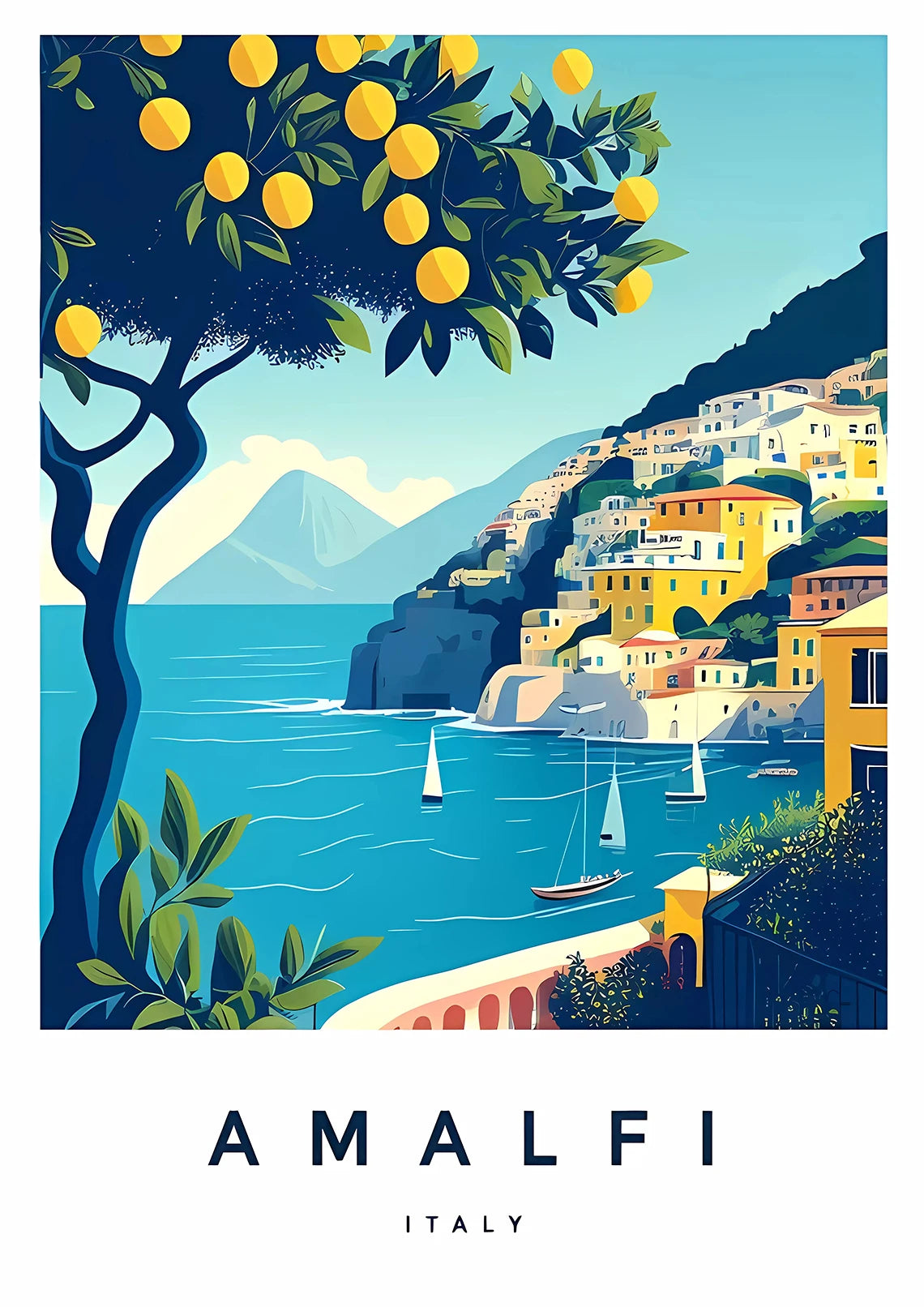 Illustration of a coastal town in Amalfi, Italy with lemon trees and clear blue water.
