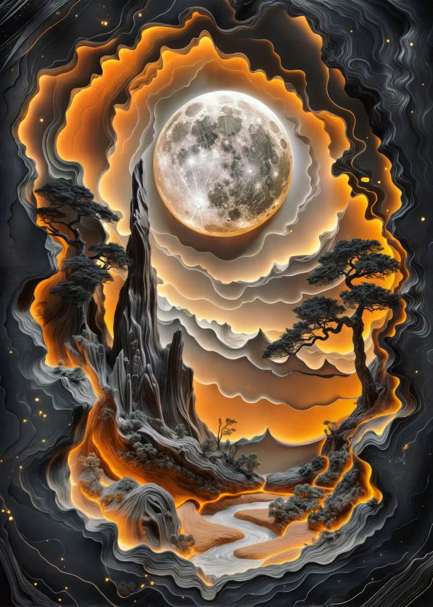 Artistic depiction of a moonlit landscape with trees and mountains, featuring a stylized, layered design.