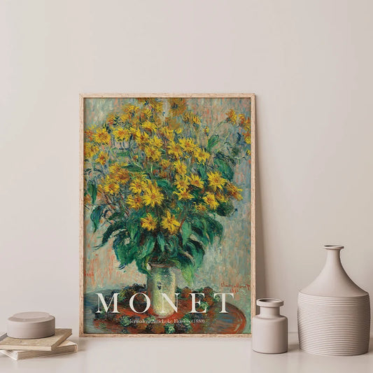 Framed painting of yellow flowers by Monet on a wall with decorative vases below. Canvas & Curio