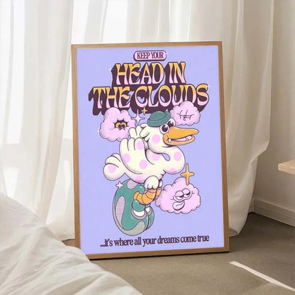 Framed poster with cartoon duck and motivational quote on a light purple background