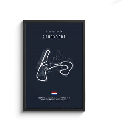 Framed poster of Circuit Park Zandvoort with track layout and details on a dark blue background.