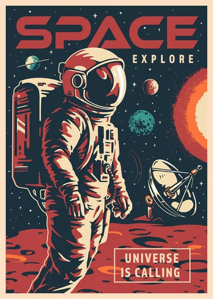 Illustration of an astronaut on the moon with space-themed elements and text.