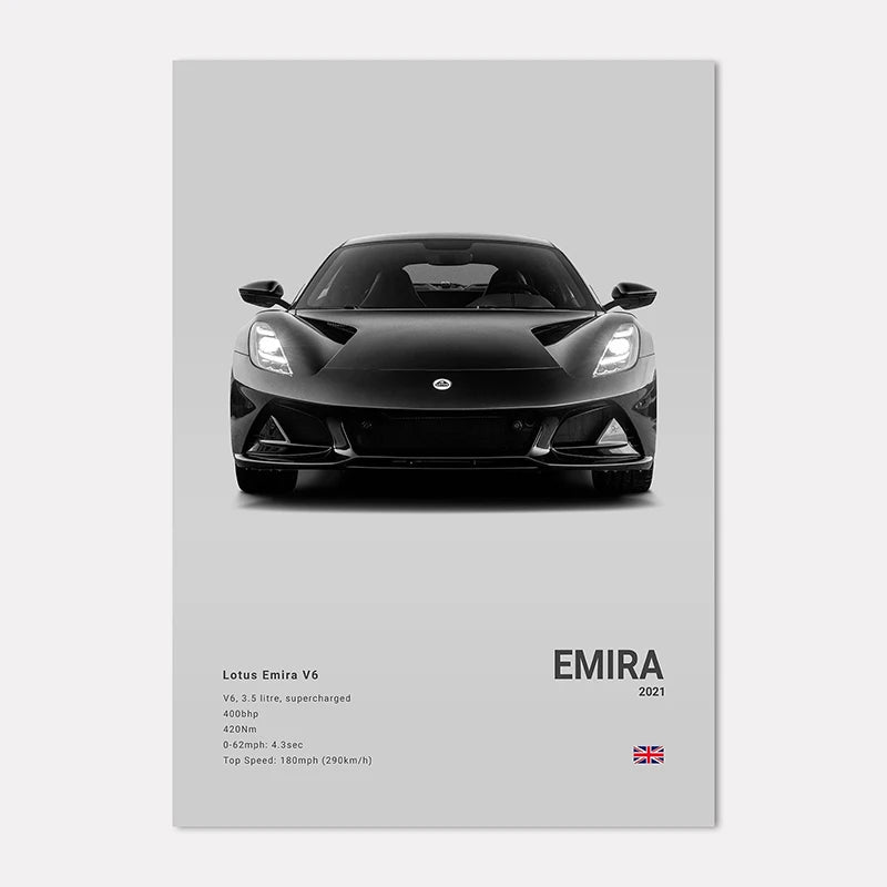 Poster of a black Lotus Emira on a gray background