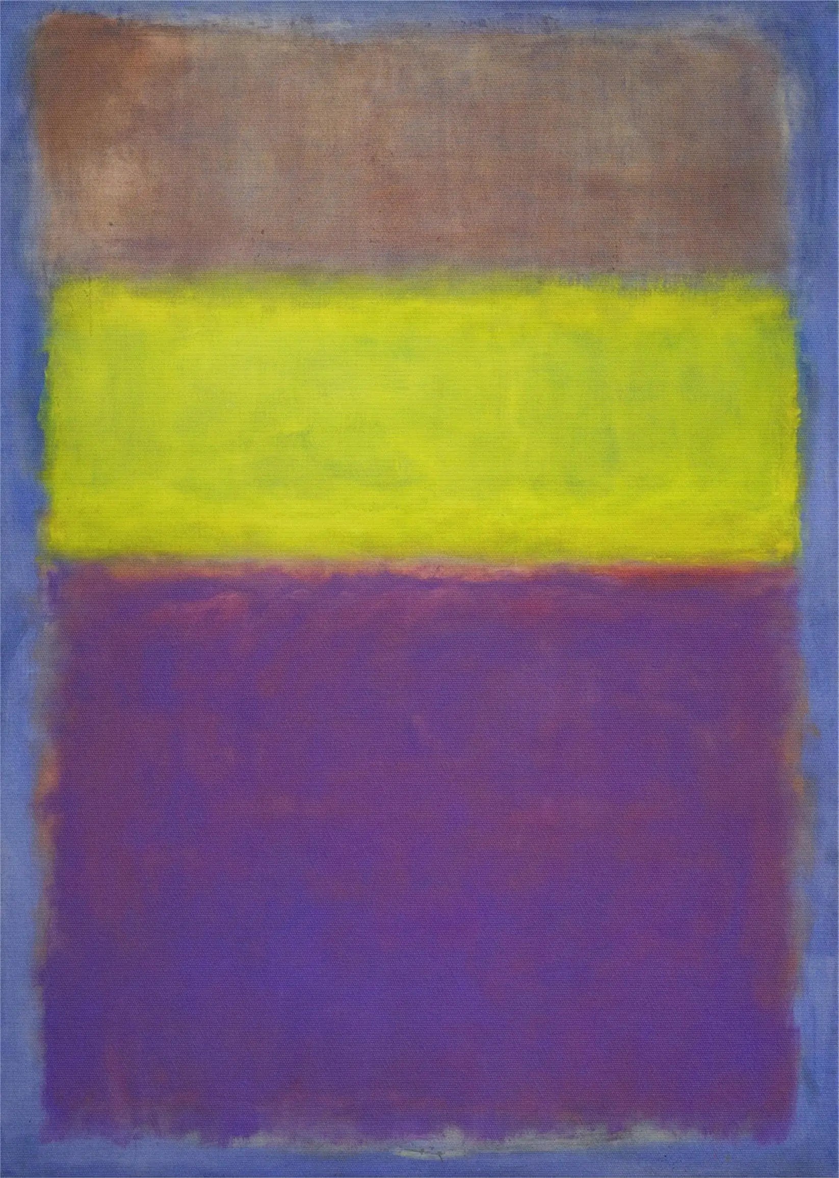 Abstract art piece with horizontal yellow stripe on a multicolored background