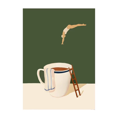 Illustration of a person diving into a large coffee cup with a green background