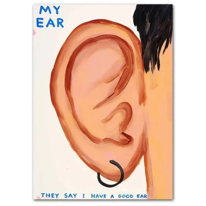 Illustration of an ear with a hook, text 'My Ear' and 'They say I have a good ear' on a white background.