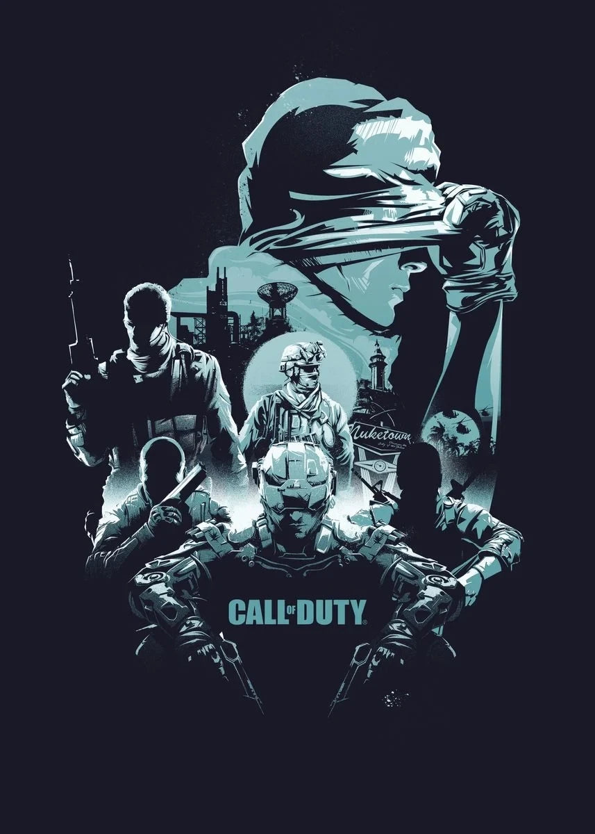 Call of Duty poster with characters in tactical gear on a dark background