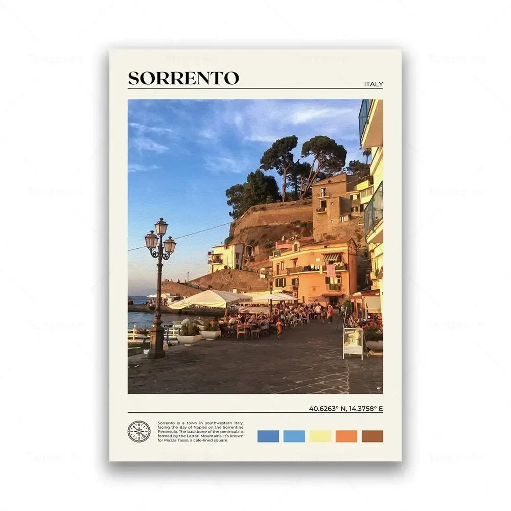 Poster of Sorrento, Italy with a scenic view of a coastal town.