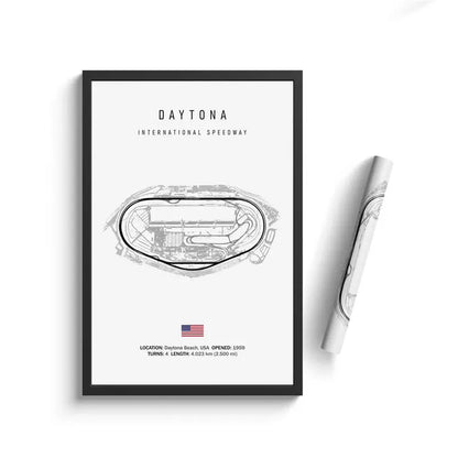 Framed poster of Daytona International Speedway with a pen on a white background