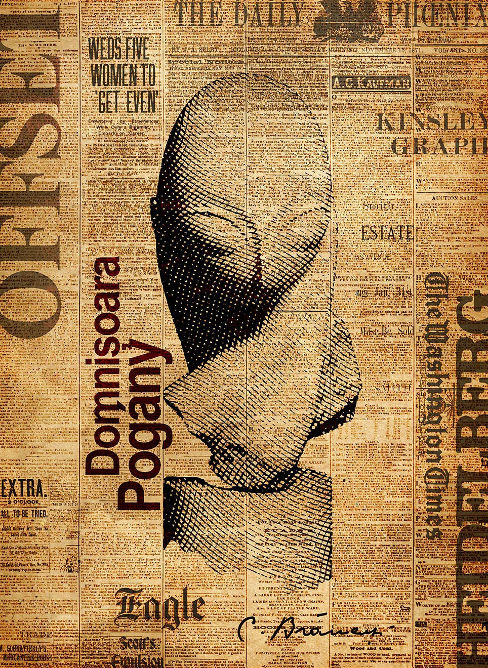 Newspaper-style background with a stylized face and text overlay