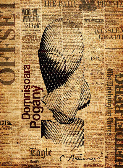 Newspaper-style background with a stylized face and text overlay