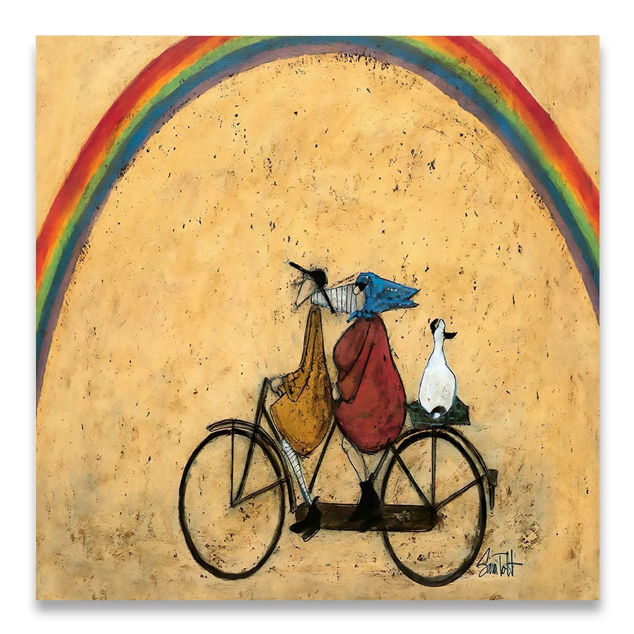 Artistic depiction of a person on a bicycle with two dogs under a rainbow on a beige background