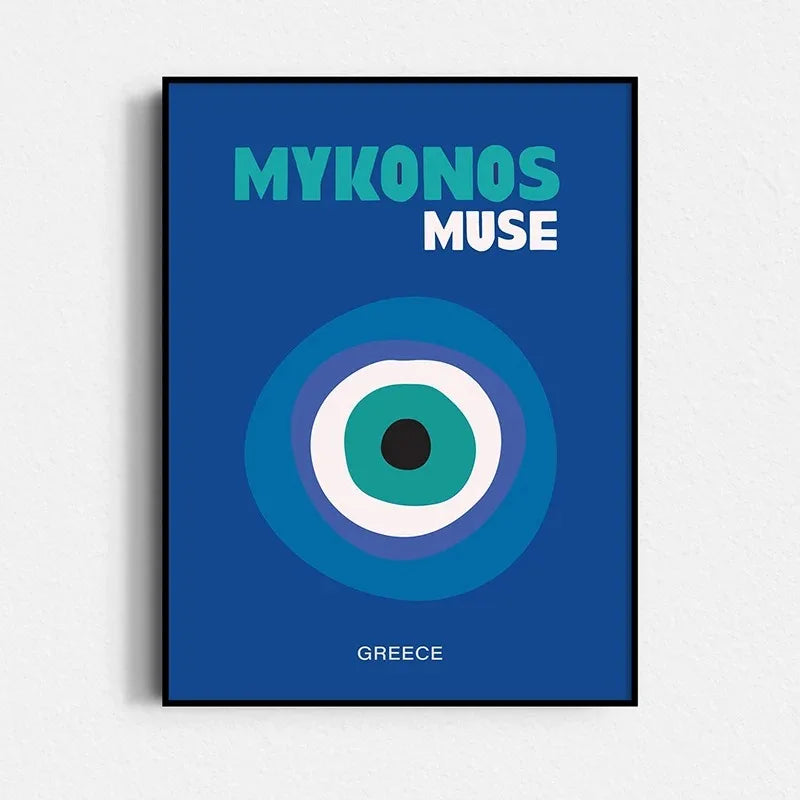 Poster with 'Mykonos Muse' design on a blue background