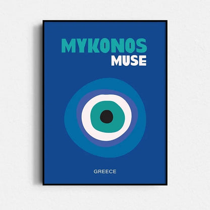 Poster with 'Mykonos Muse' design on a blue background