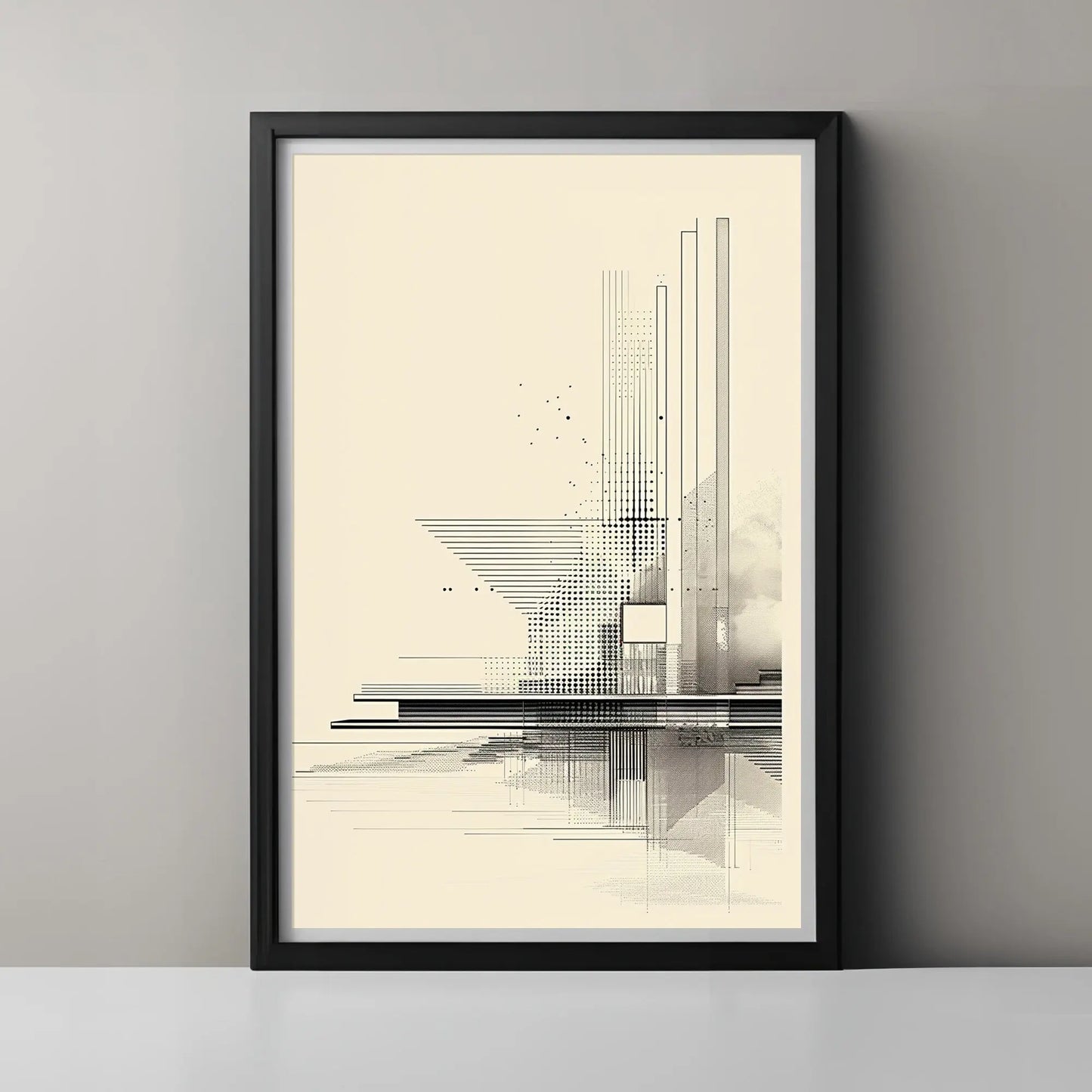 Framed abstract art print on a gray wall