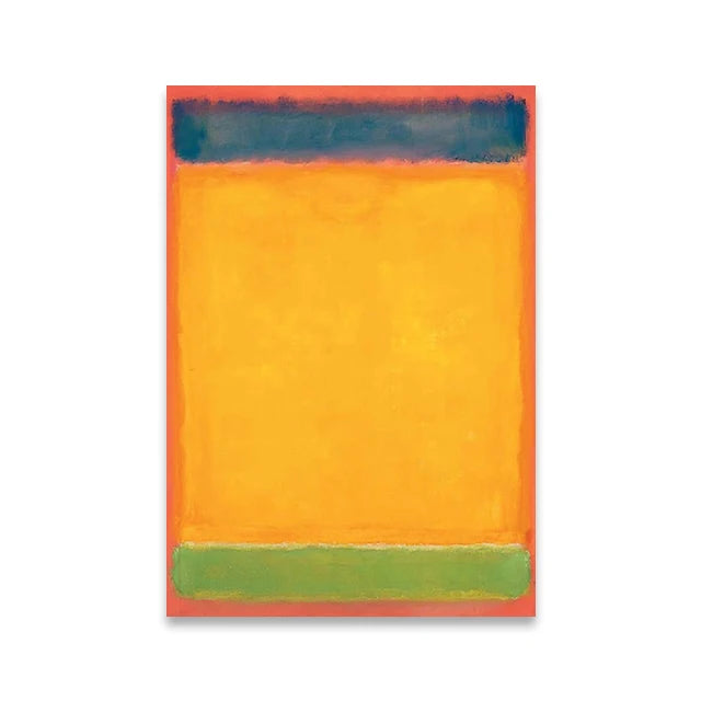 Abstract art piece with orange, blue, and green colors on a white background
