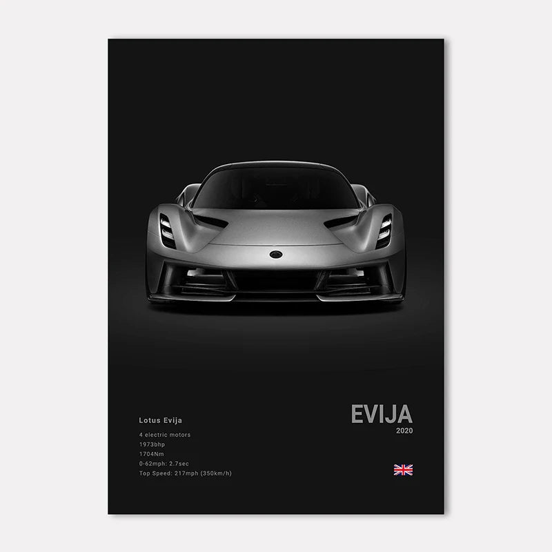 Lotus Evija car on a black background with white text