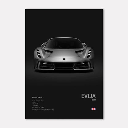 Lotus Evija car on a black background with white text