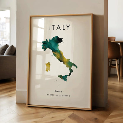 Framed map of Italy with 'Italy' and 'Rome' text in a room with wooden flooring and furniture.