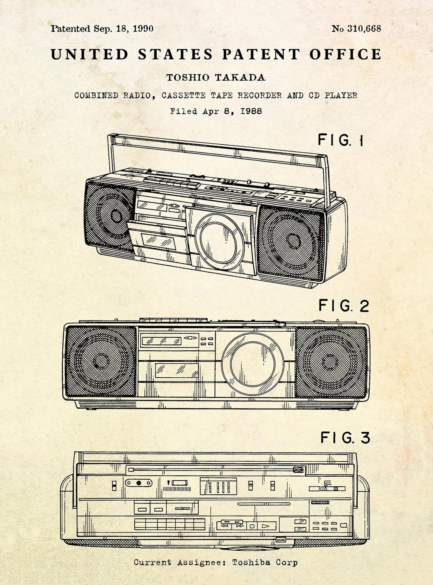Patent illustration of a combined radio, cassette tape recorder, and CD player by Toshiba