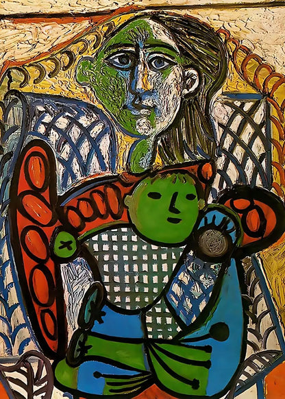 Abstract artwork with colorful figures and patterns