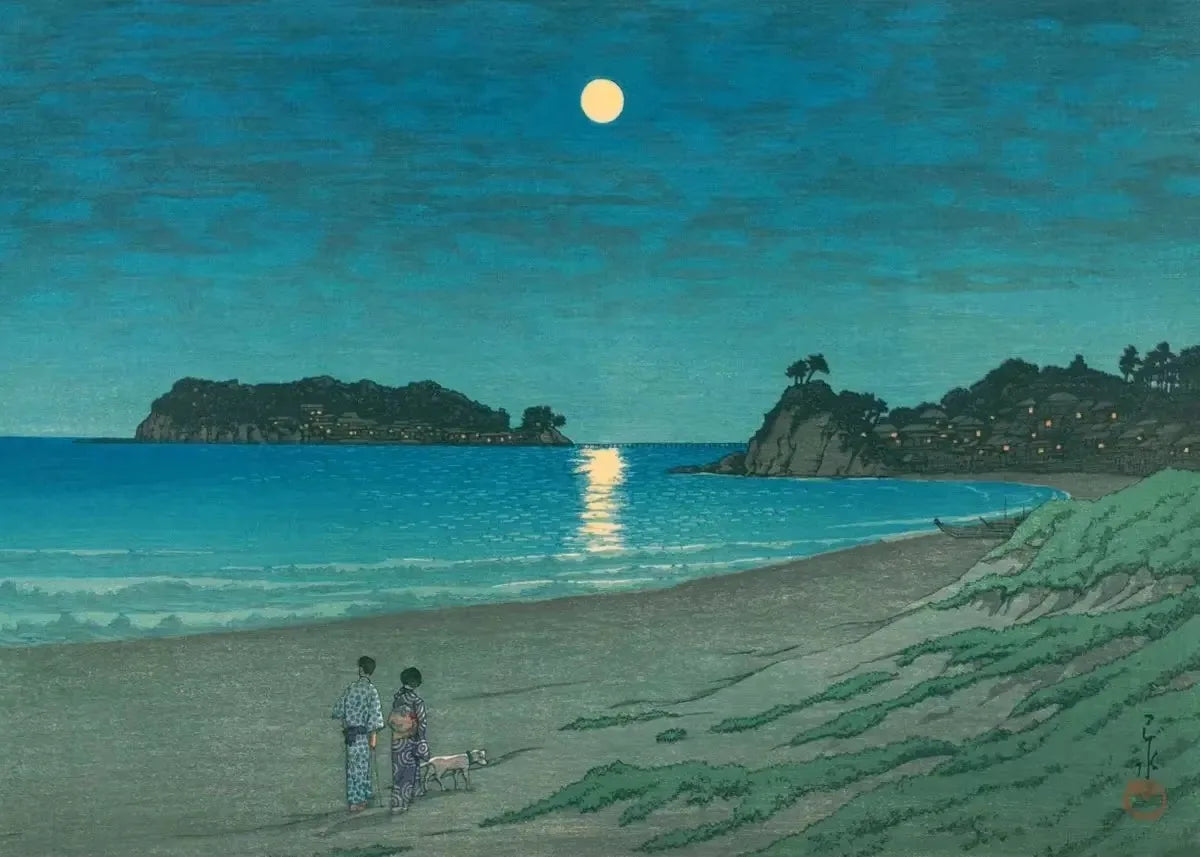 Two people walking a dog on a beach under a full moon