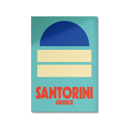 Santorini Greece poster with blue, beige, and red design on a white background