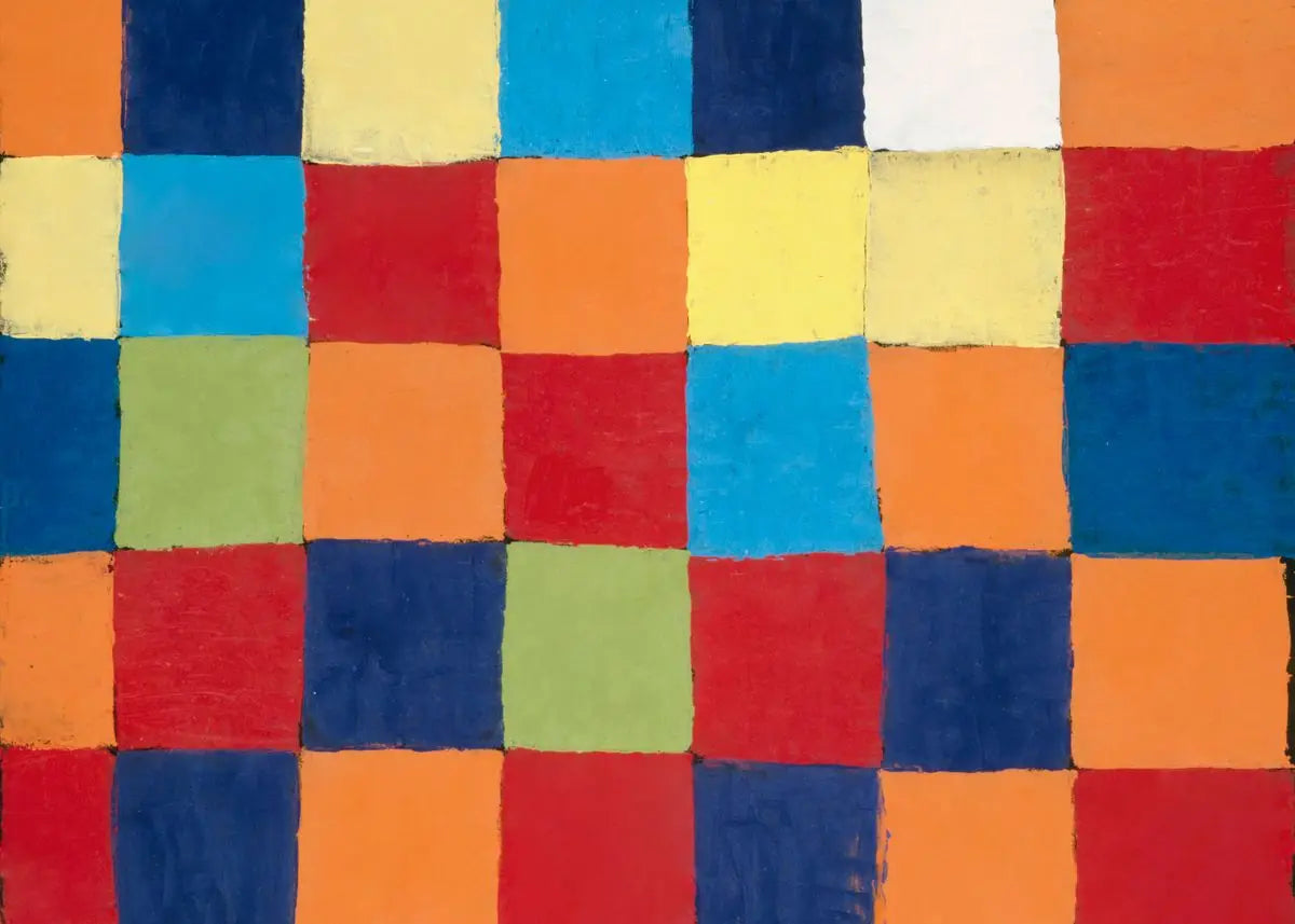 Colorful checkered pattern with squares in various bright colors.