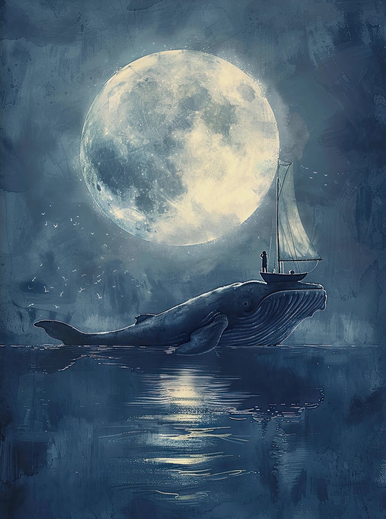 Whale with a sailboat under a large moon