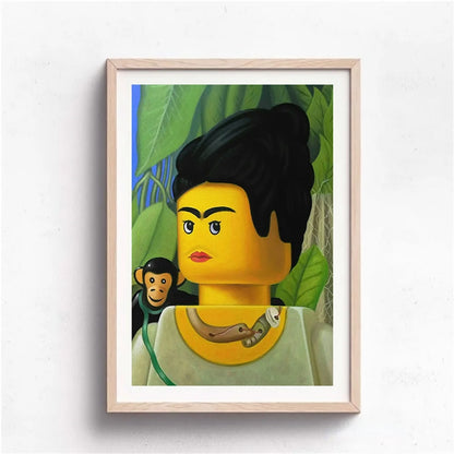 Framed artwork of a character with a monkey on a white wall