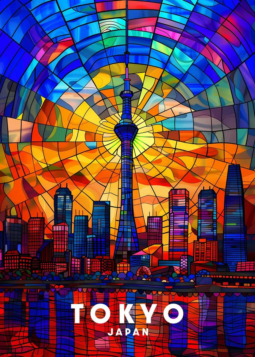 Colorful stained glass-style artwork of Tokyo skyline with 'Tokyo Japan' text.