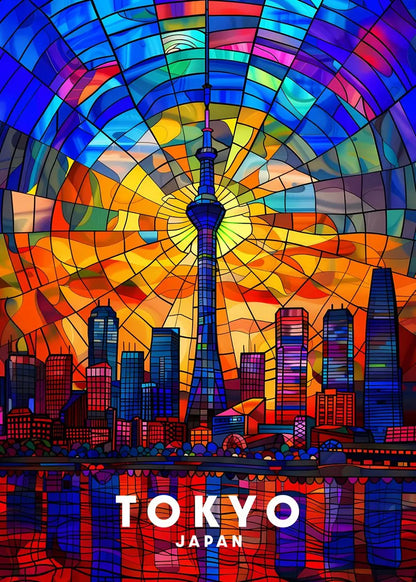 Colorful stained glass-style artwork of Tokyo skyline with 'Tokyo Japan' text.