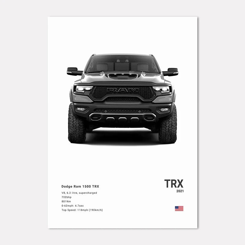 Dodge Ram 1500 TRX truck on a white background with text details.