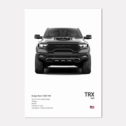 Dodge Ram 1500 TRX truck on a white background with text details.