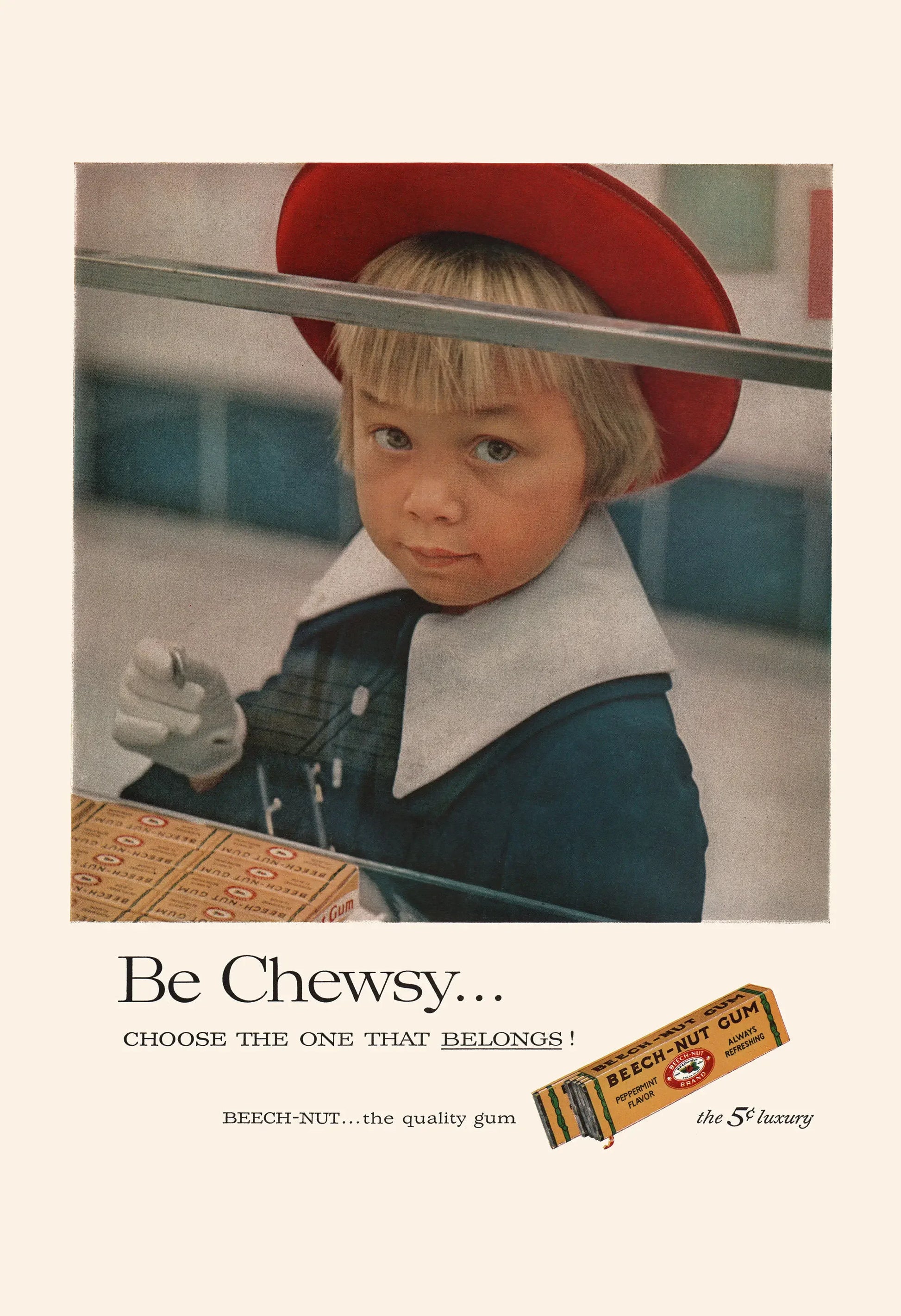 Vintage Beech-Nut gum advertisement with a child wearing a red hat and holding a pack of gum.