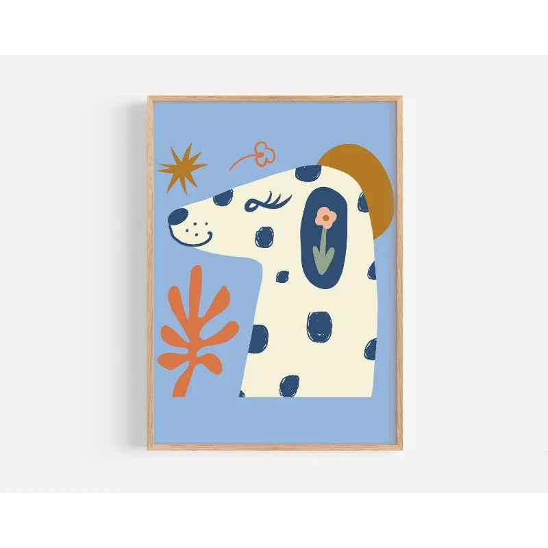 Framed artwork of a stylized dog with abstract elements on a blue background