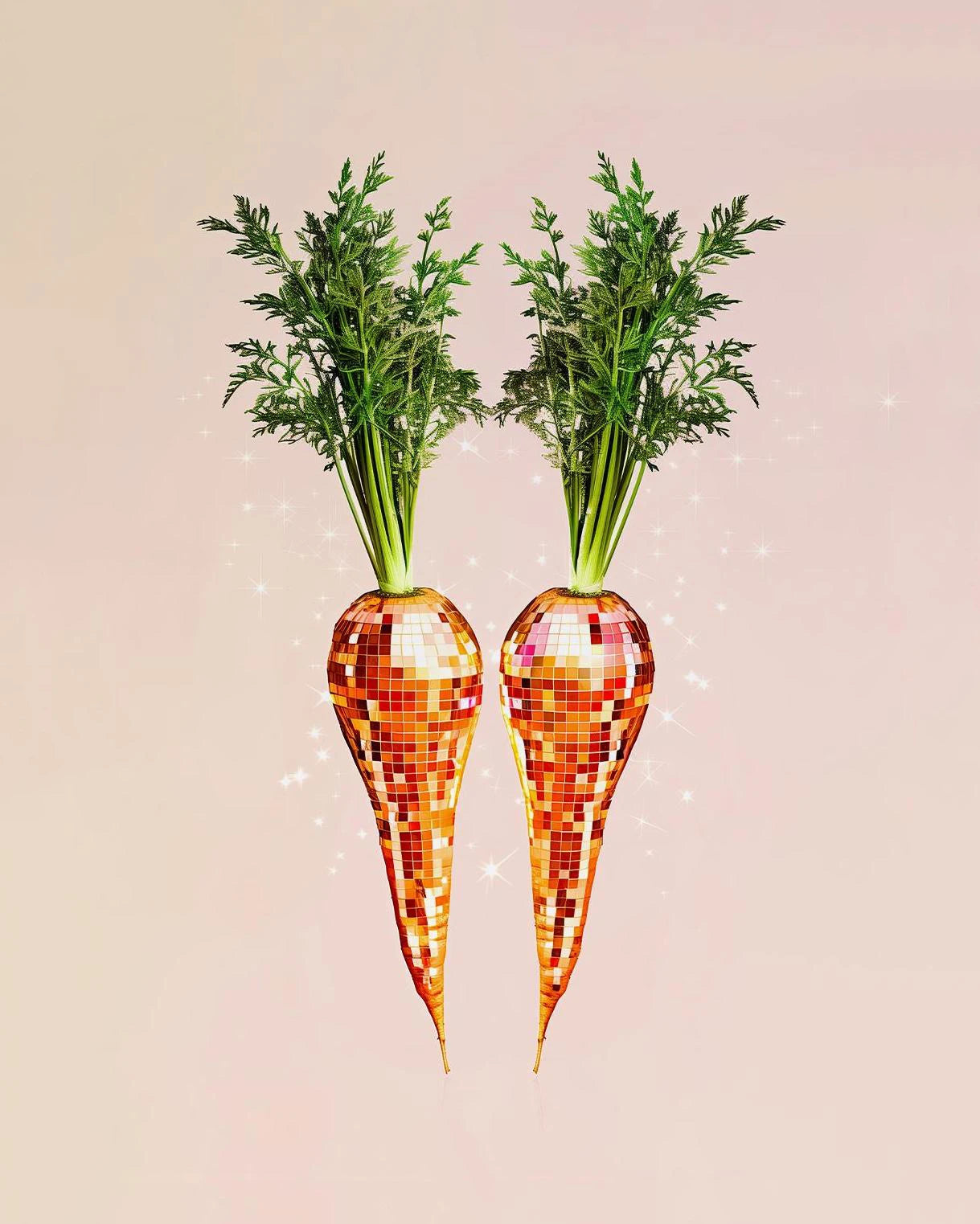 Two mosaic carrot-shaped vases with greenery on a light pink background
