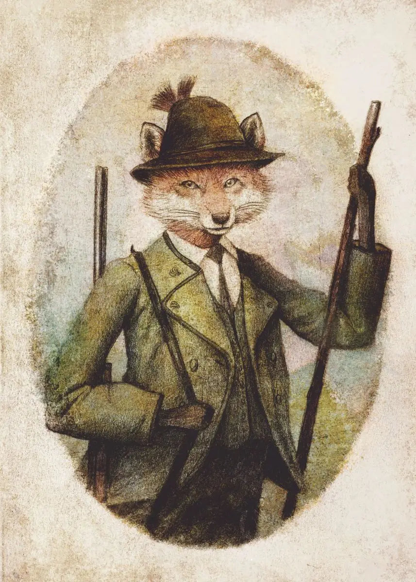 Illustration of a fox in human clothing with a bowler hat and coat, holding a rifle.