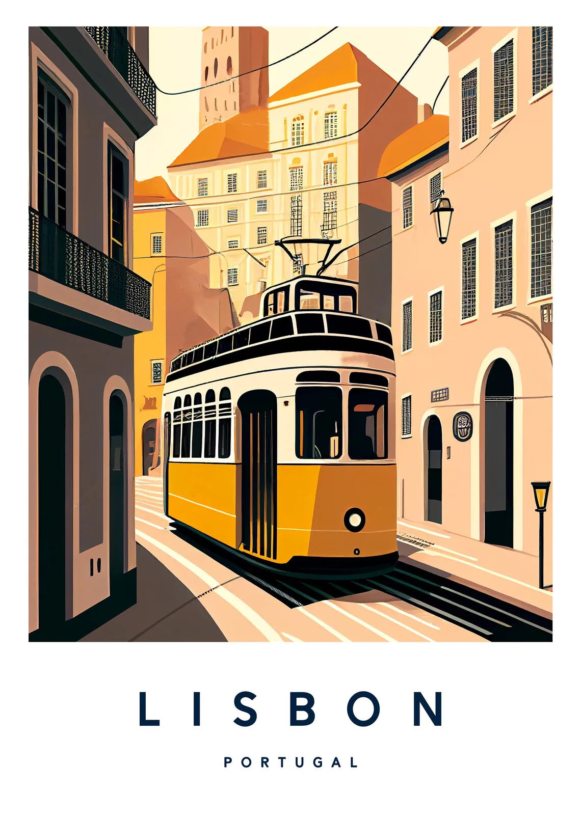 Illustration of a tram in a narrow street with buildings in Lisbon, Portugal.
