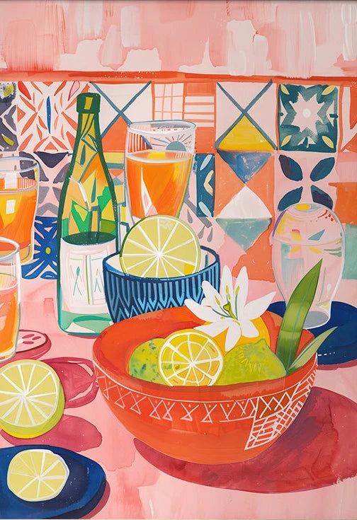 Colorful illustration of a table setting with lemons, a bottle, and glasses on a patterned background.