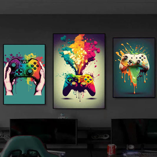 Three colorful gaming controller posters on a wall in a dark room. Canvas & Curio