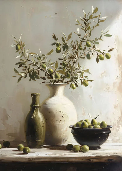 Still life arrangement with olive branches, bottles, and a bowl on a wooden surface.